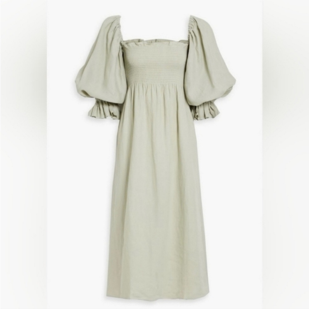 Sleeper Atlanta Shirred Linen Midi Dress, Sage Green, XS